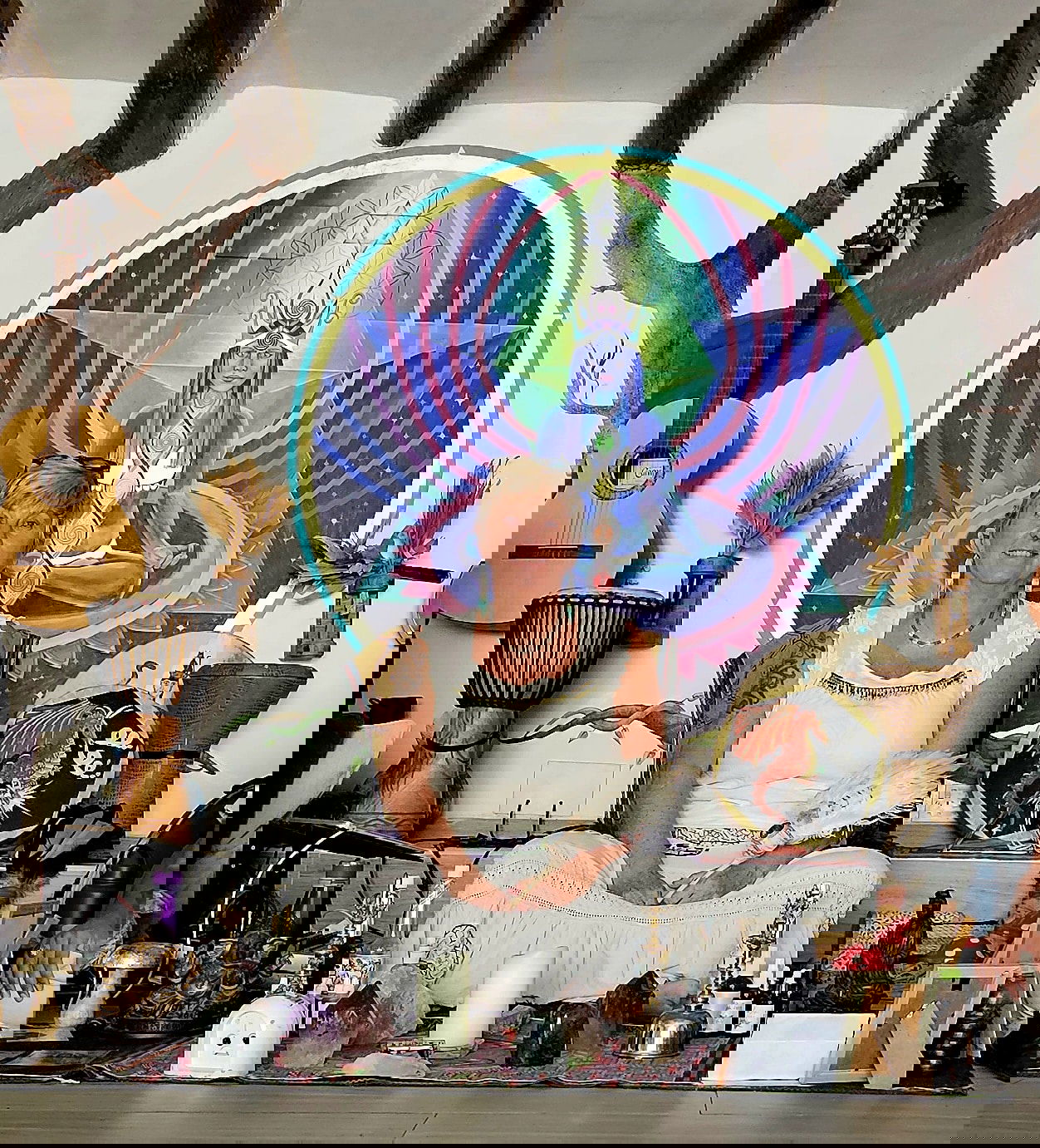 Shaman Sue Holmes completing a session, smiling into the distance